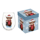 Holiday Poinsettia Stemless Wine Glass Highland Cow
