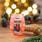 Holiday Poinsettia Stemless Wine Glass Highland Cow