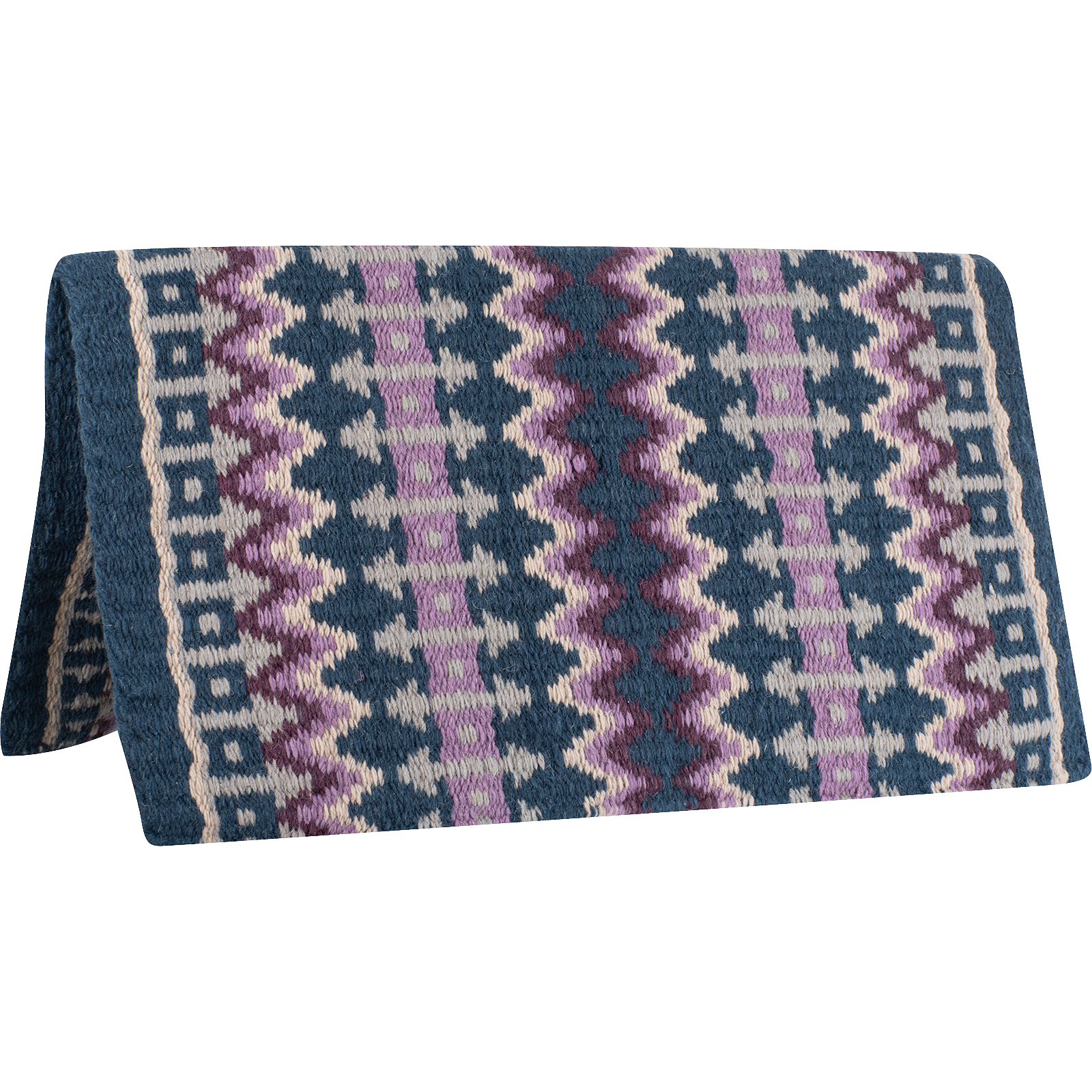 Navy and lavender wool saddle blanket in a zig zag repeating pattern
