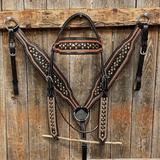 Two Tone Leather - Brass Studded Headstall/Breastcollar Tack Set