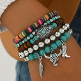 Western Pattern Turquoise Beaded Multi Layer Bracelet Set