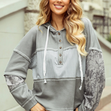 Waffle Patchwork Drawstring Hooded Long Sleeve Top Grey