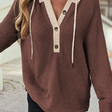 Waffle Contrast Half Buttoned Hooded Pullover Top