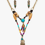 Feather Seed Beaded Native Bohemian Necklace Earring Set