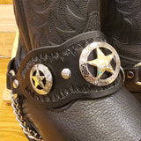 Tooled Texas Star Concho Black Leather Boot Chains Pair BTB