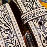 Ariat Ladies Belt White Pierced Silver Glitter Underlay