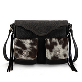 Trinity Ranch Genuine Hair-On Cowhide Tooled  Crossbody - Black