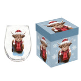Holiday Poinsettia Stemless Wine Glass Highland Cow