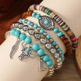 Western Pattern Turquoise Beaded Multi Layer Bracelet Set