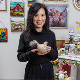 Petal Plow Table Decor Ceramic Chicken with Feathers 7"L