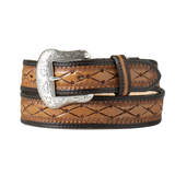 Mens Belt Hand Tooled Diamond 2-Tone