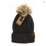 Fuzzy Lined Flecked Fur Pom Cc Beanie