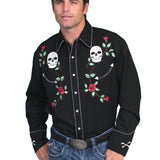 Retro Skull Rose Embroidered Snap Shirt