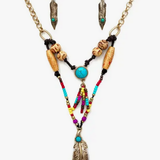 Feather Seed Beaded Native Bohemian Necklace Earring Set