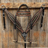 Two Tone Leather - Brass Studded Headstall/Breastcollar Tack Set