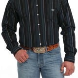 Men's Vintage Striped Print Button-Down Shirt - Black