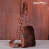 Trinity Ranch Hair-On Cowhide Tooled Sling Bag - Brown