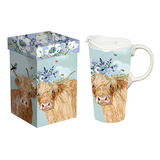 Petal  Plow Travel Cup Ceramic  Farm Highland Brown Cow 17oz Gift Box
