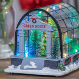 Holiday Poinsettia LED Table Decor Resin Greenhouse with Rotating Tree and Music 8.75"