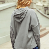 Waffle Patchwork Drawstring Hooded Long Sleeve Top Grey