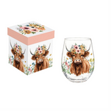 Petal Plow Wine Glass Stemless Farm Highland Cow 17oz Gift Box