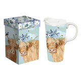 Petal  Plow Travel Cup Ceramic  Farm Highland Brown Cow 17oz Gift Box