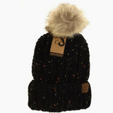 Fuzzy Lined Flecked Fur Pom Cc Beanie